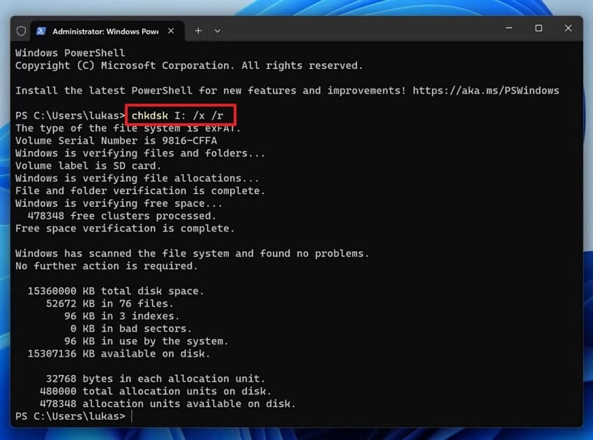 enter desired chkdsk command