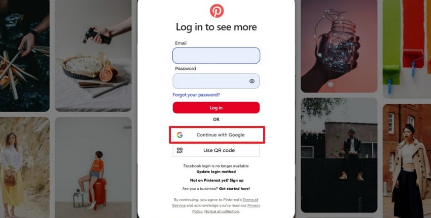 login pinterest via google on web