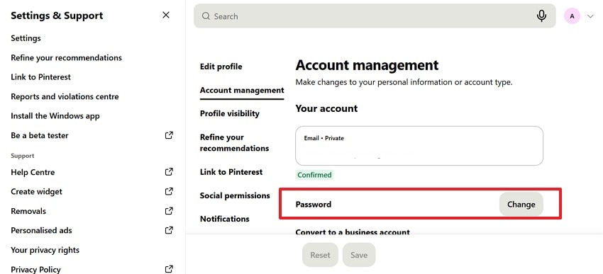 locate the password option