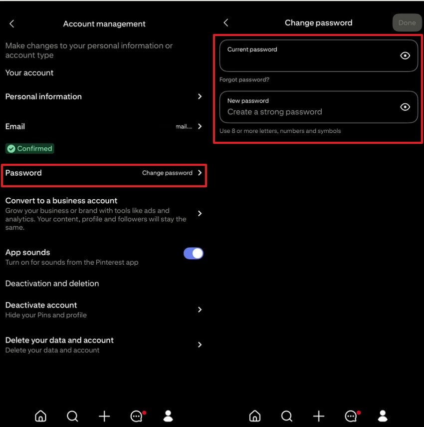 pick done after entering new password