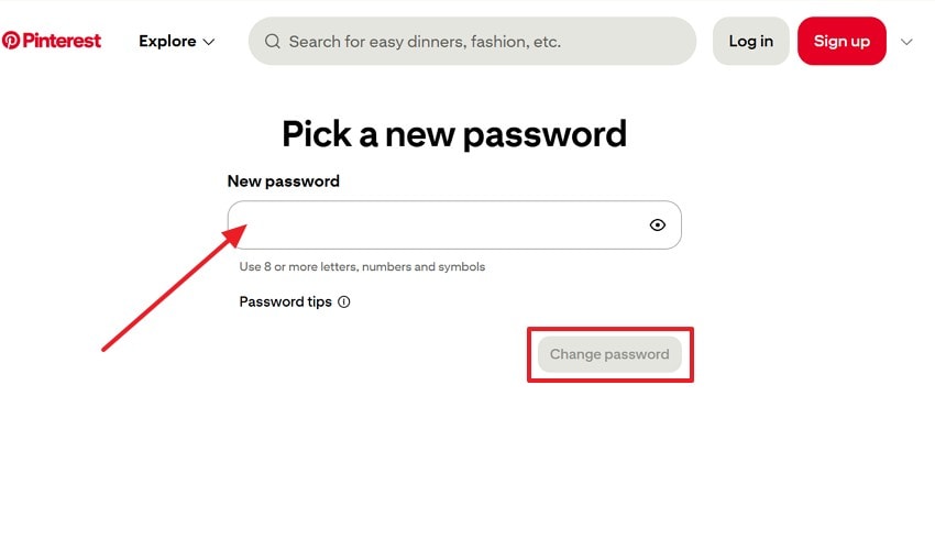 pick new pinterest password on web