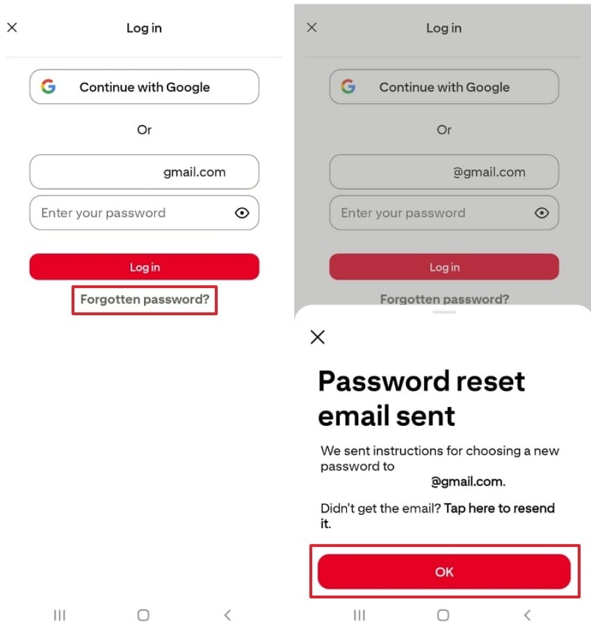 press ok for password reset email