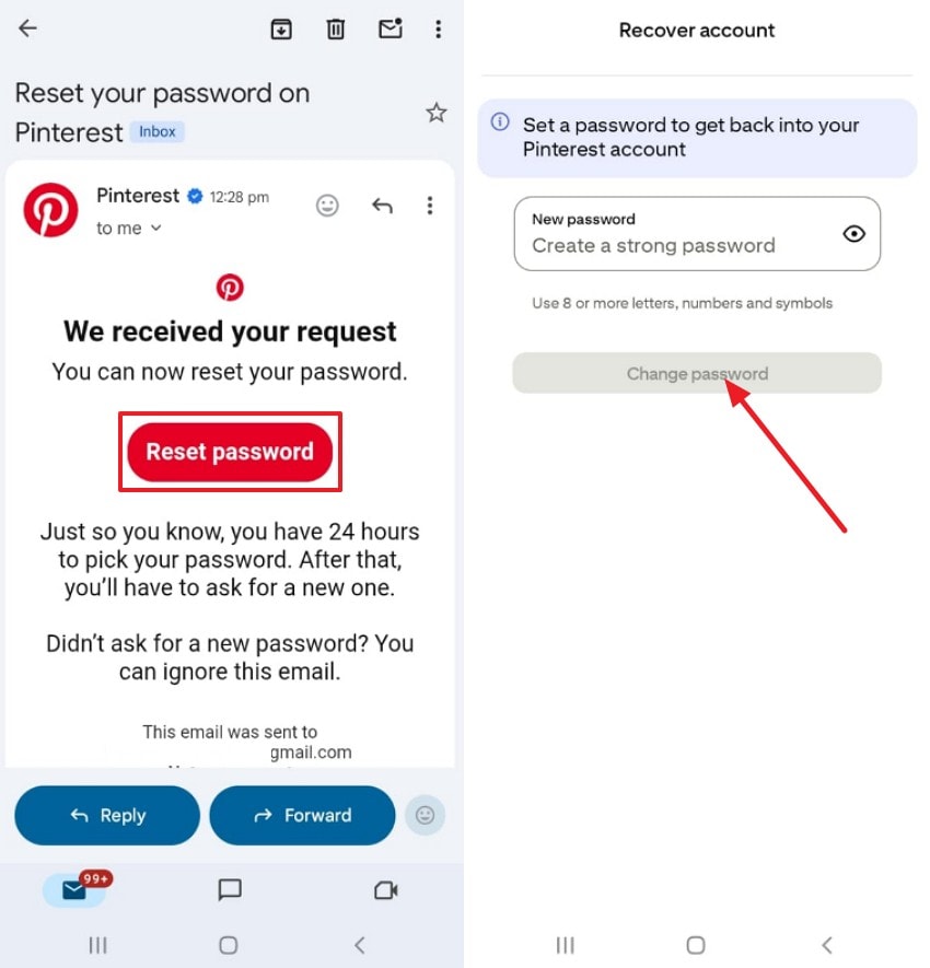 reset password in android