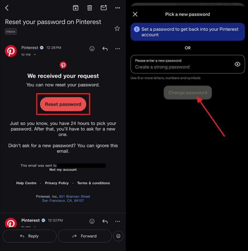 tap on change password after resetting