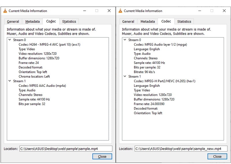 vlc codec information dialog showing stream codecs
