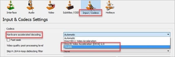 vlc input codecs hardware accelerated decoding choices