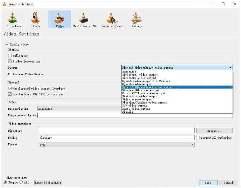 vlc video output module setting in preferences