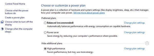 windows control panel power plan high performance option