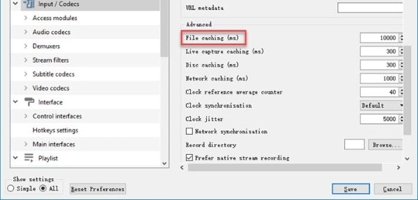 vlc advanced file caching preferences option