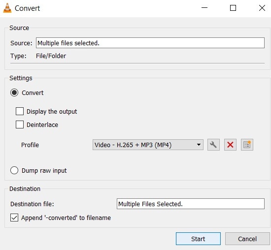 vlc convert dialog with video profile and destination