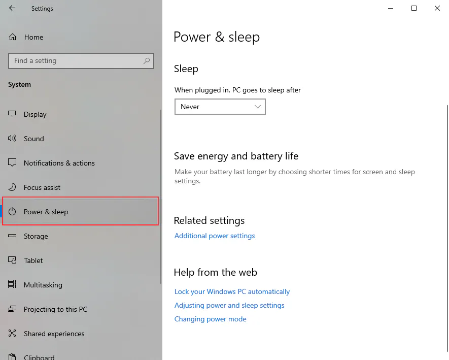 power sleep setting