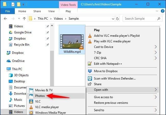 windows file explorer open with menu for an mp4 video