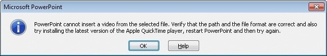 older powerpoint selected file cannot insert video error dialog