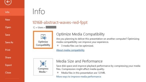 powerpoint file info showing optimize media compatibility option