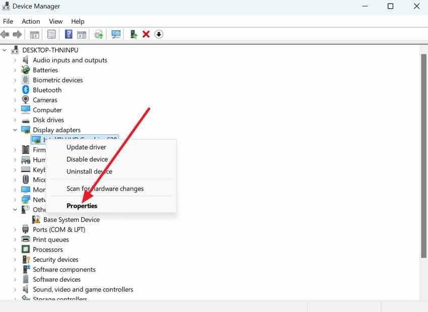 open display driver properties