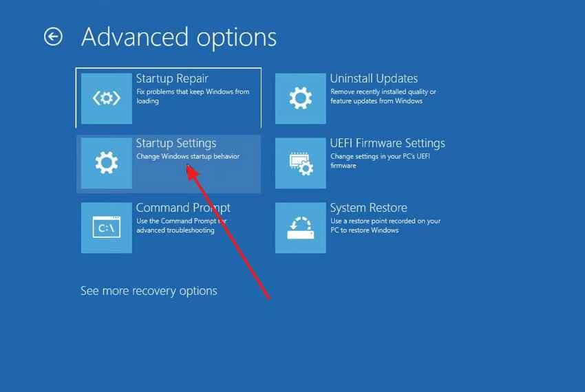 choose startup settings in winre
