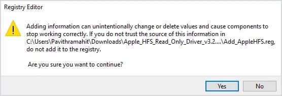 click yes on the apple hfs driver prompt window