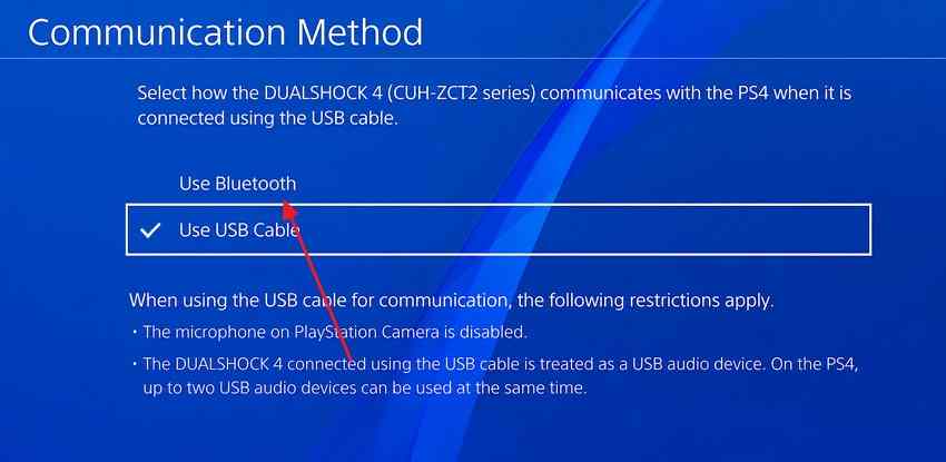ps4 communication method currently set to use usb cable
