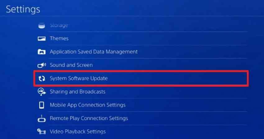 ps4 system settings with software update highlighted