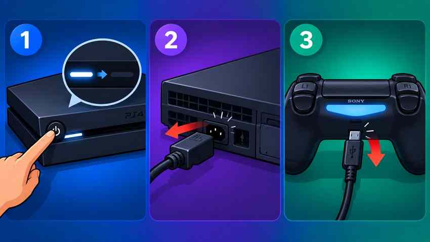 illustrated ps4 console shutdown and unplugging sequence