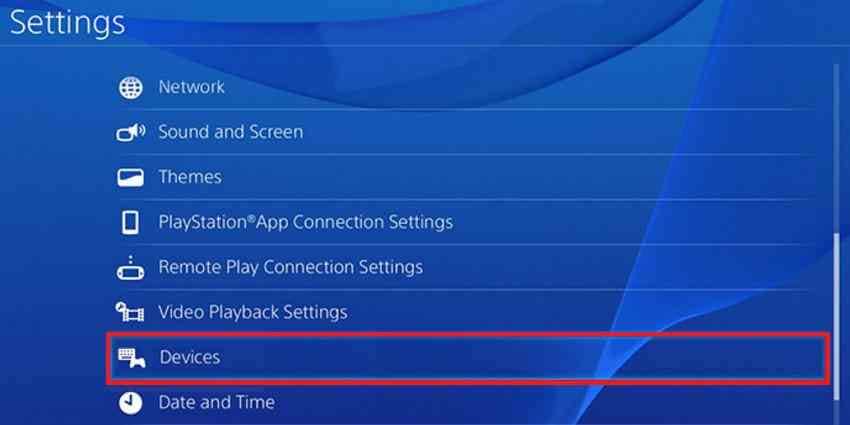 ps4 settings menu with devices highlighted
