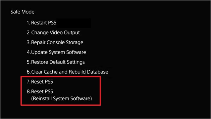 opt for reset ps5 option