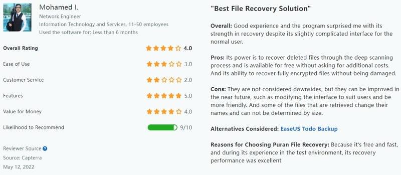 puran file recovery Benutzer-Review auf capterra