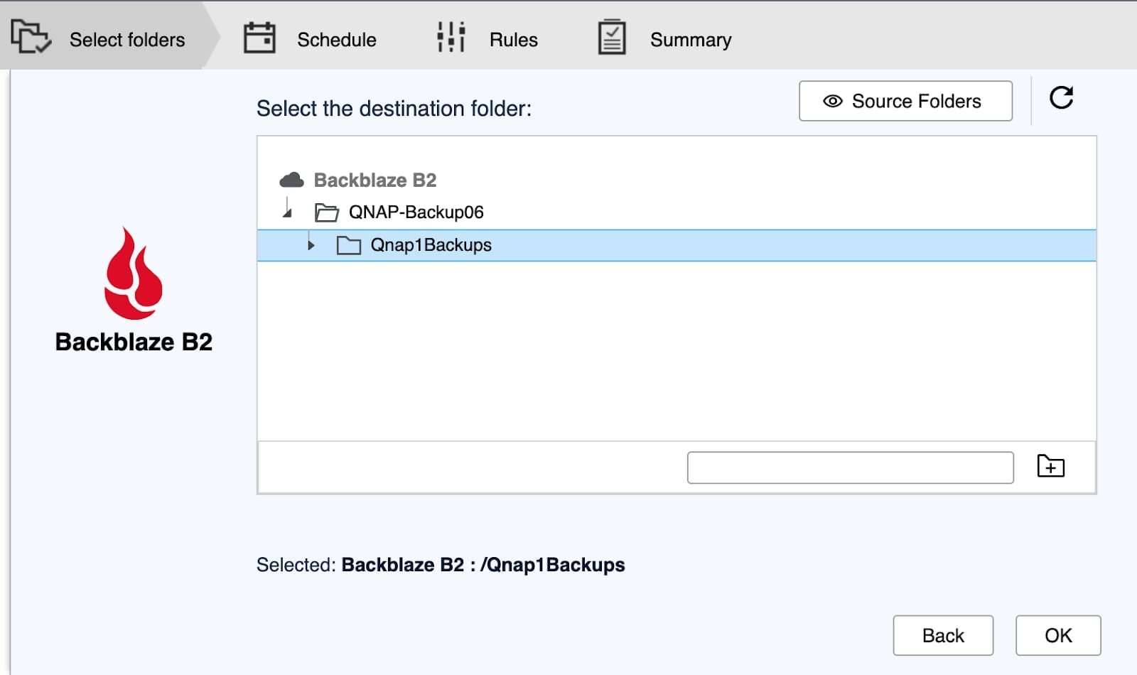 select backblaze folders for storing qnap