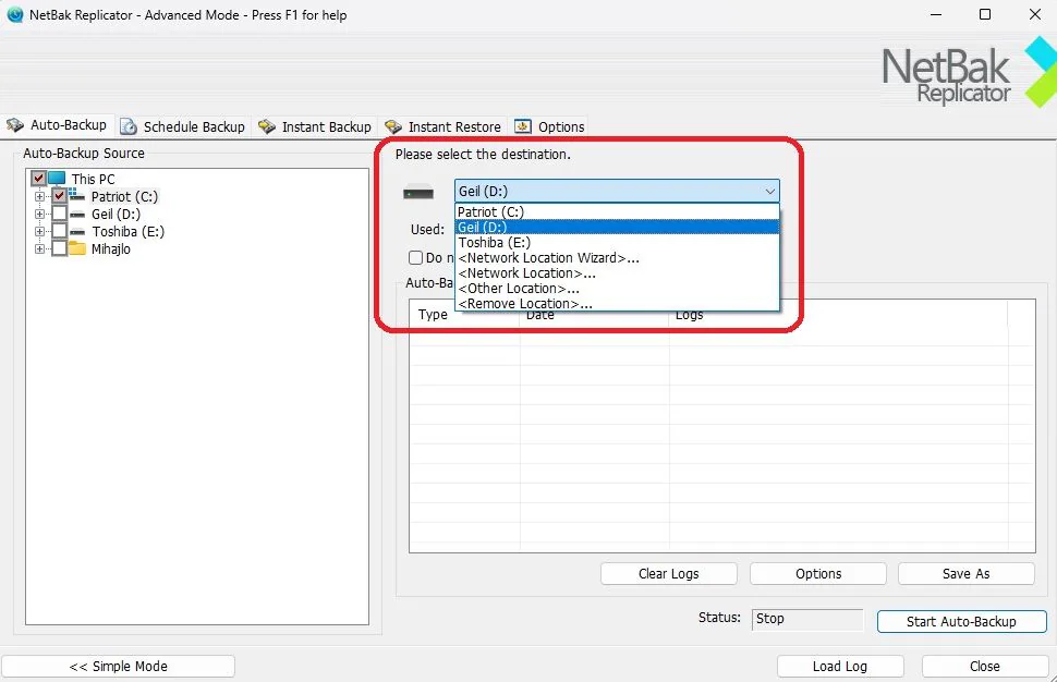 Destino de copia de seguridad en Netbak Replicator de QNAP 