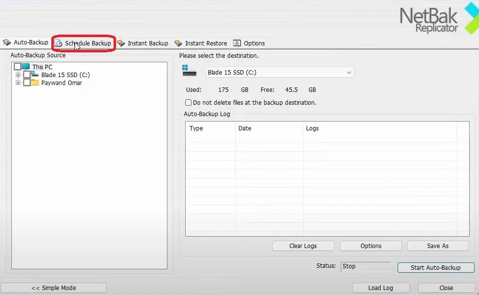 scheduled backup option on netbak replicator