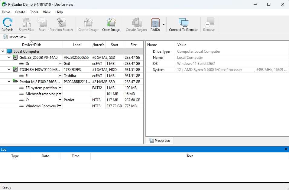 r-studio data recovery software's interface