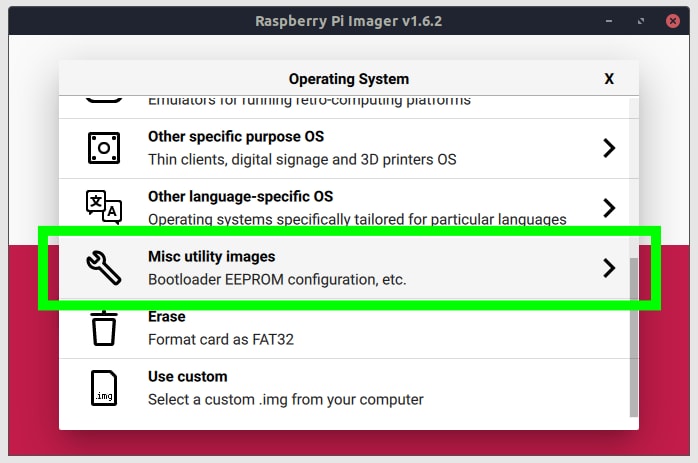 utilidades de Raspberry pi Imager 