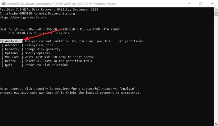 start raw drive analysis in testdisk