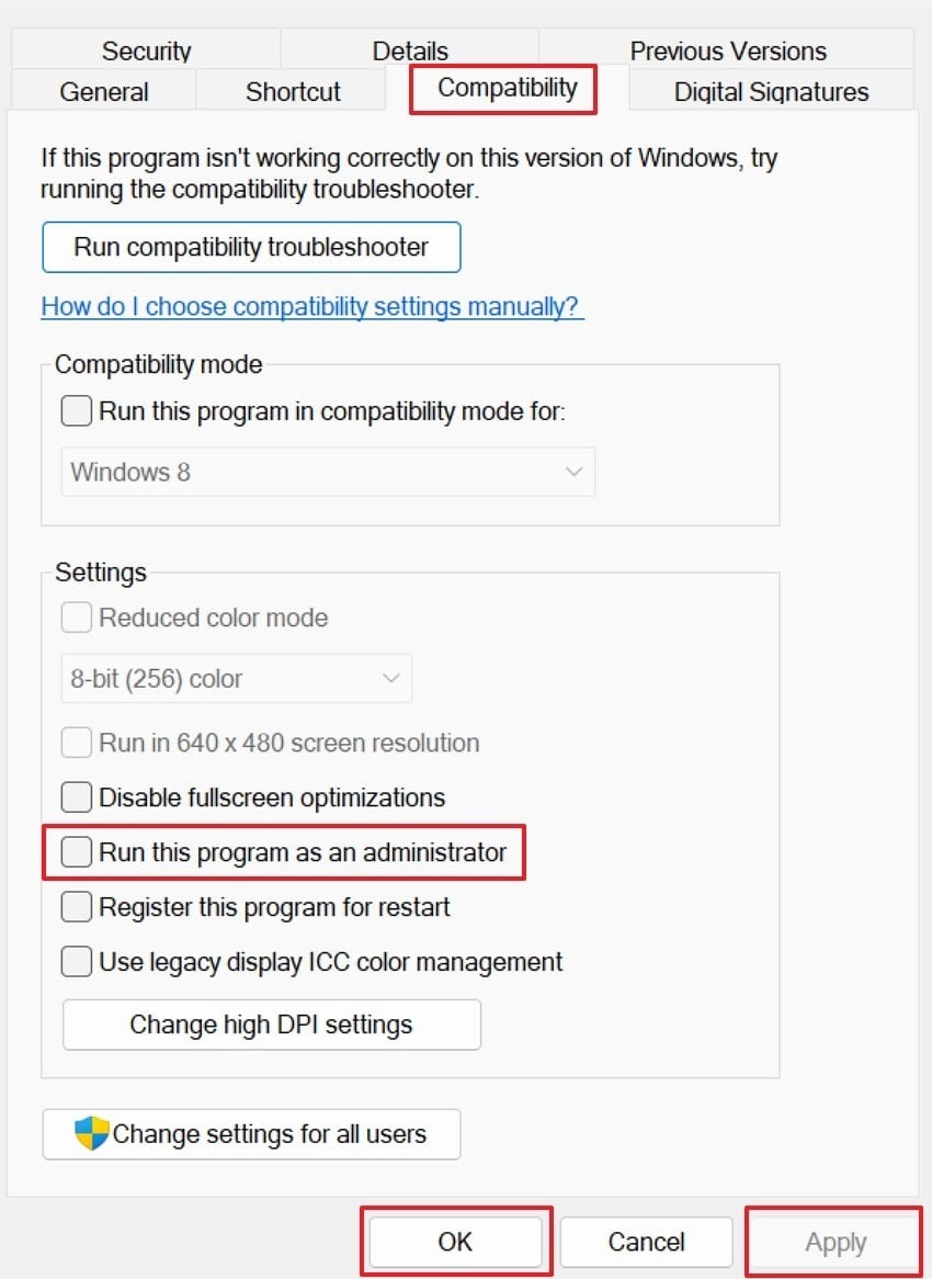 Run this program as an administrator option in Windows compatibility settings