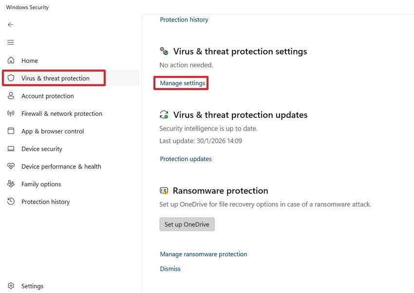 Windows Security manage settings screen for antivirus exclusions