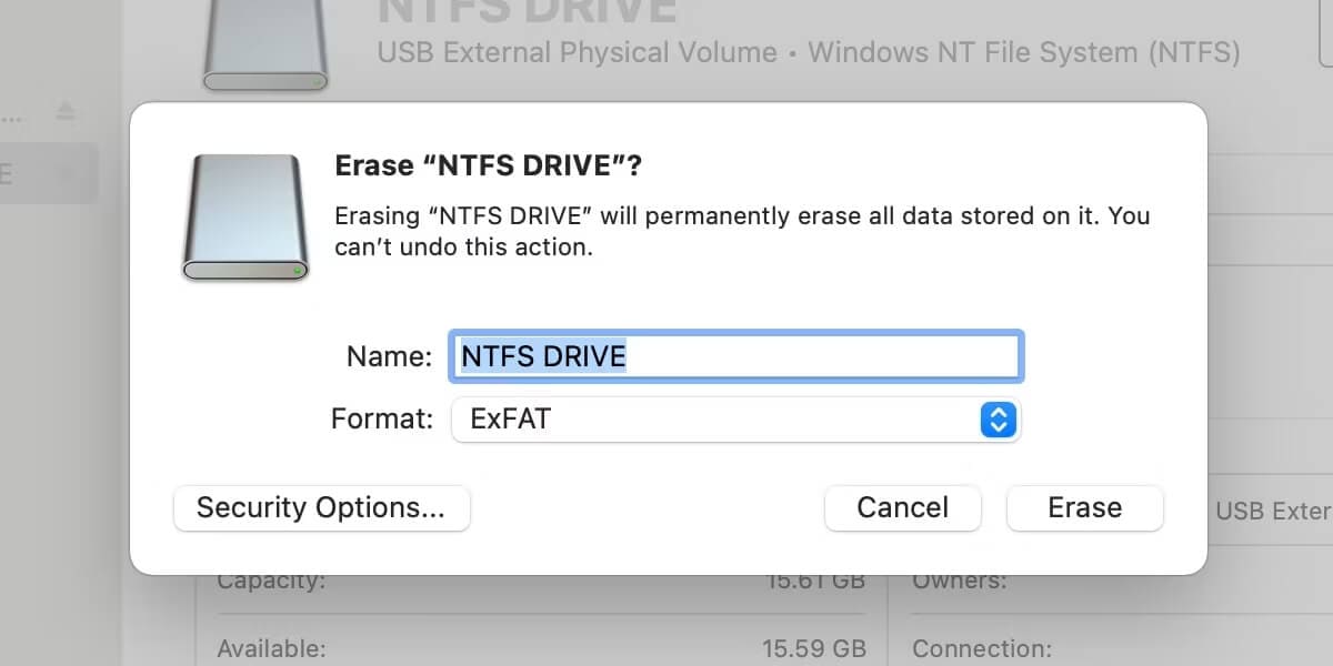 erasing ntfs and format to fat32 or exfat in mac