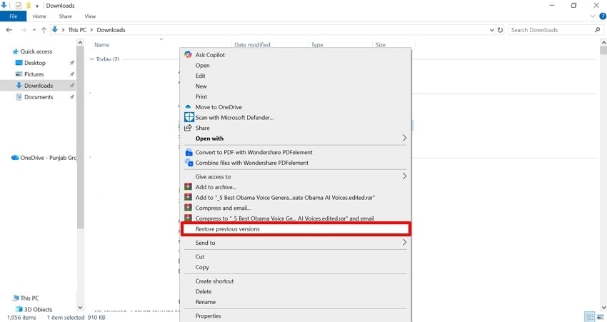 click restore previous version option