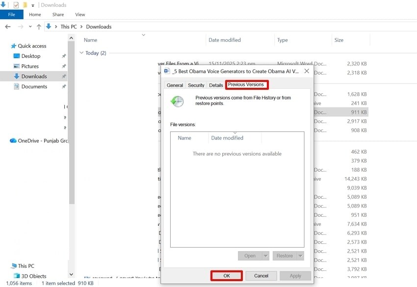 choose previous versions tab