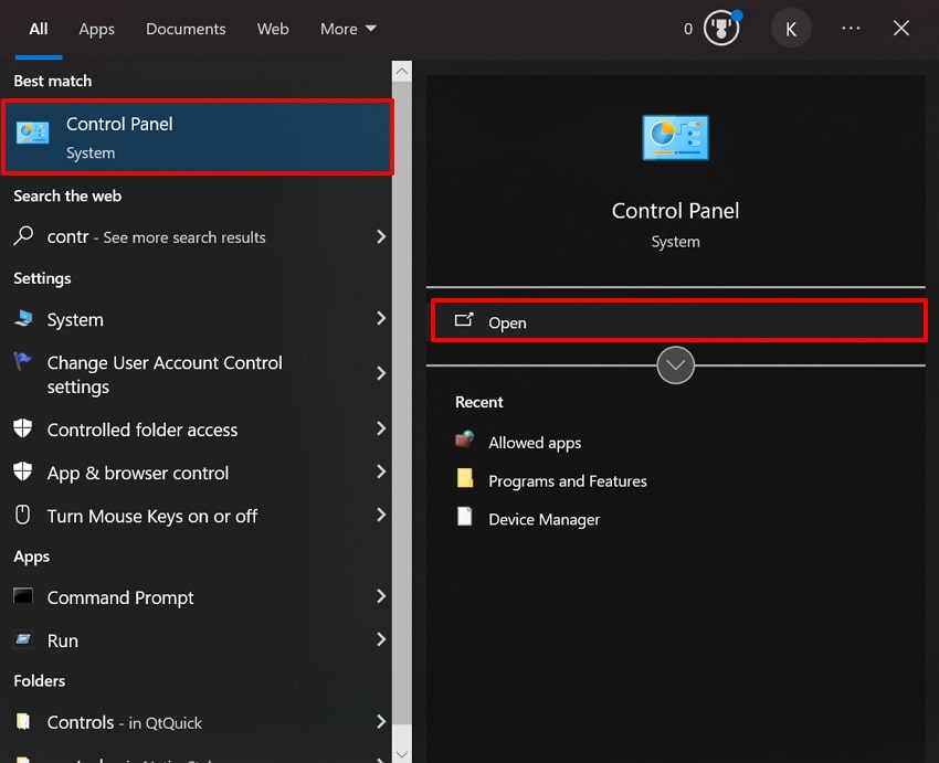 open the control panel app