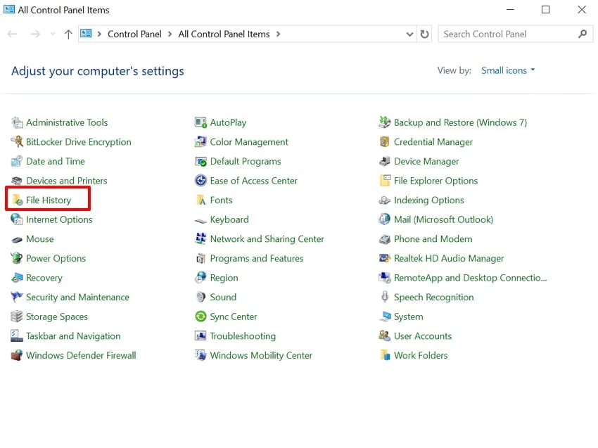choose file history option