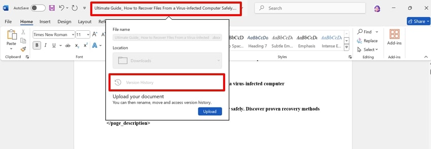 click on version history option