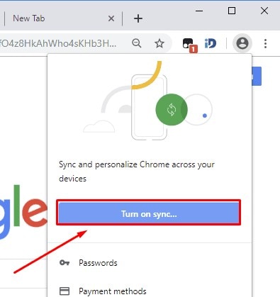 clicking on turn on sync