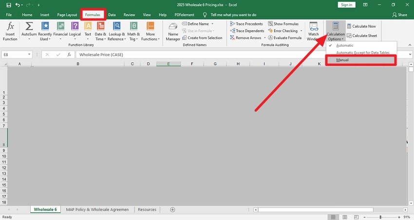 calculation options and select manual