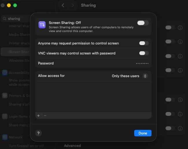 macos screen sharing settings with screen sharing turned off