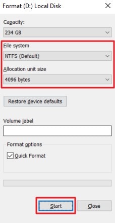 start formatting sd card