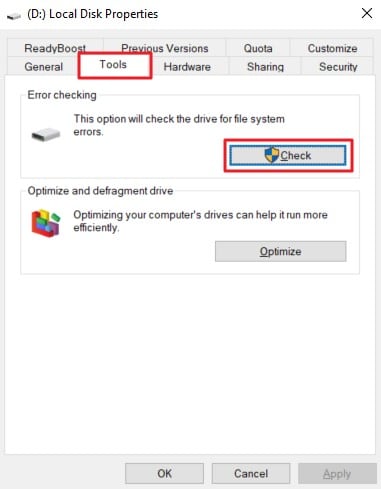 check repair through windows repair tool
