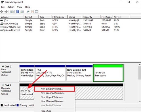 select unallocated section new simple volume
