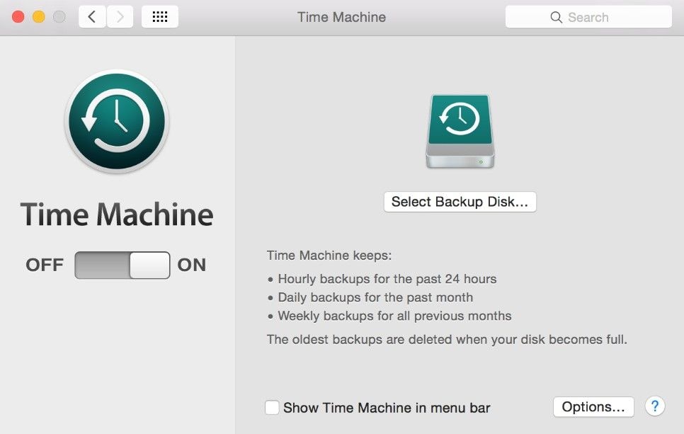 select backup disk and options buttons
