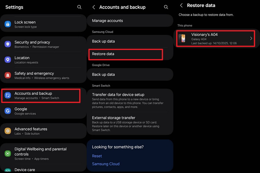 choose account and backup option