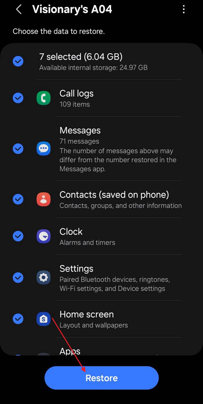 select restore button